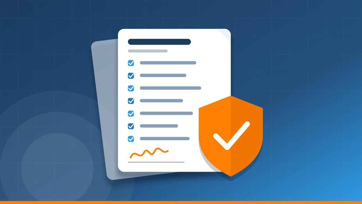 A service agreement document with a checklist and signature line, with an orange shield and checkmark in front of it