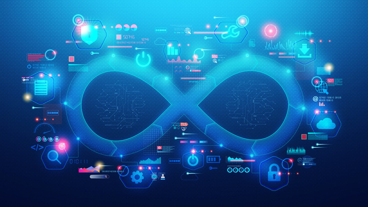 A glowing blue infinity loop surrounded by network, security, cloud and data icons on a dark blue background